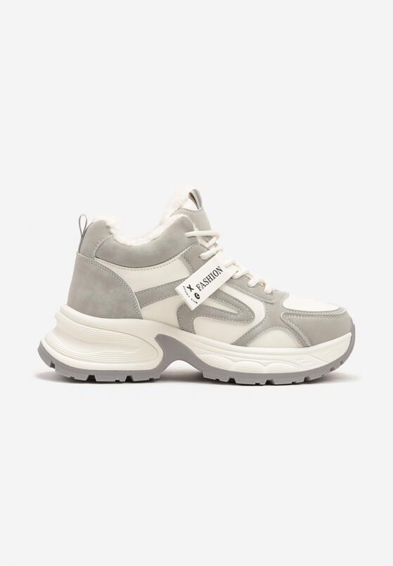 Beżowo-Szare Sneakersy na Grubej Podeszwie z Futerkiem i Napisem Siolena 4
