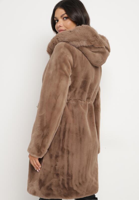 Brązowy Futrzany Płaszcz z Kapturem i Zapięciem na Suwak Hedilia 3