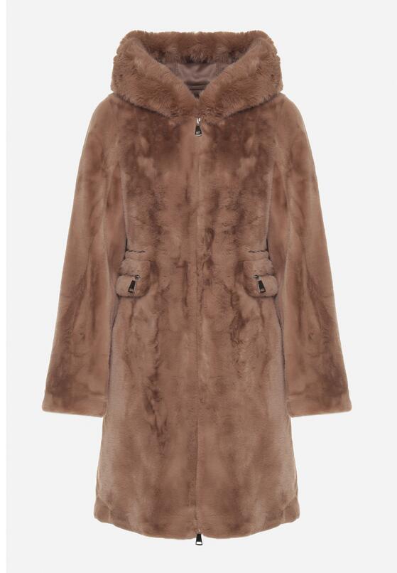 Brązowy Futrzany Płaszcz z Kapturem i Zapięciem na Suwak Hedilia 6