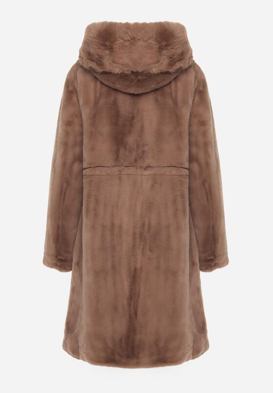 Brązowy Futrzany Płaszcz z Kapturem i Zapięciem na Suwak Hedilia 7