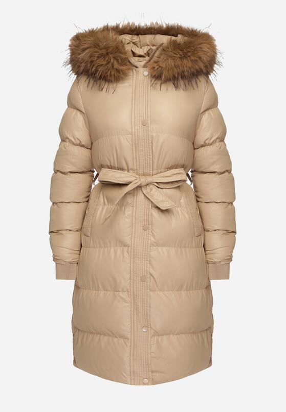 Beżowa Długa Pikowana Kurtka z Kapturem Odpinanym Futerkiem i Paskiem w Talii Serenira 6