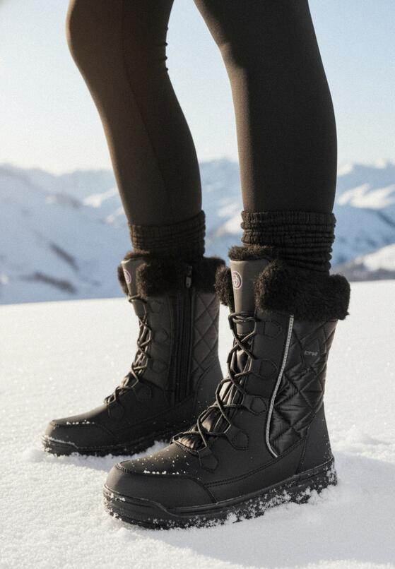 Czarne Pikowane Śniegowce na Grubej Podeszwie Zdobione Futrem Aquintella 1