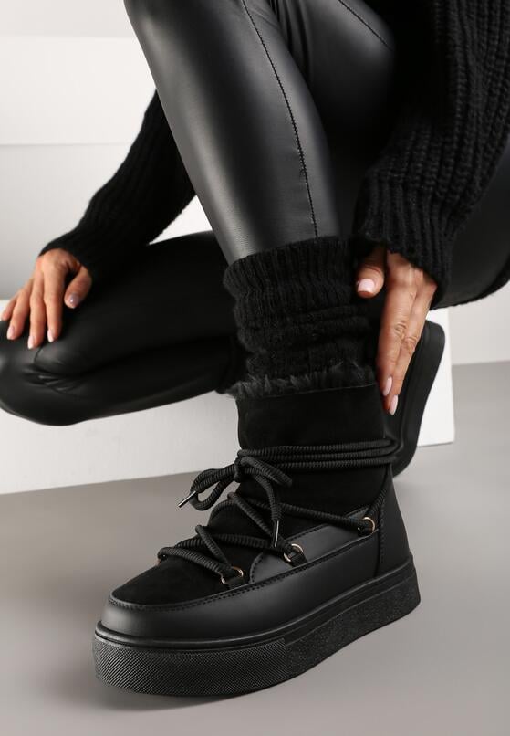 Czarne Śniegowce na Grubej Podeszwie ze Sznurowaniem  Izandra 2