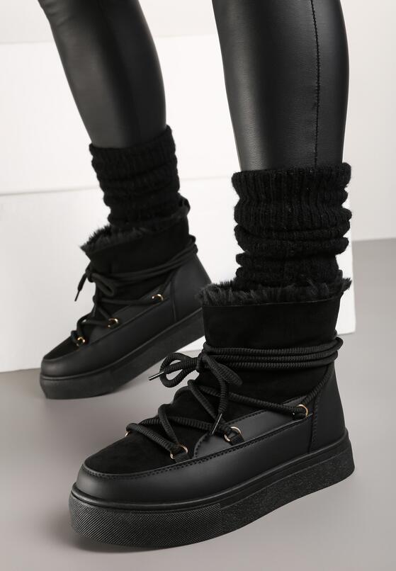 Czarne Śniegowce na Grubej Podeszwie ze Sznurowaniem  Izandra 3