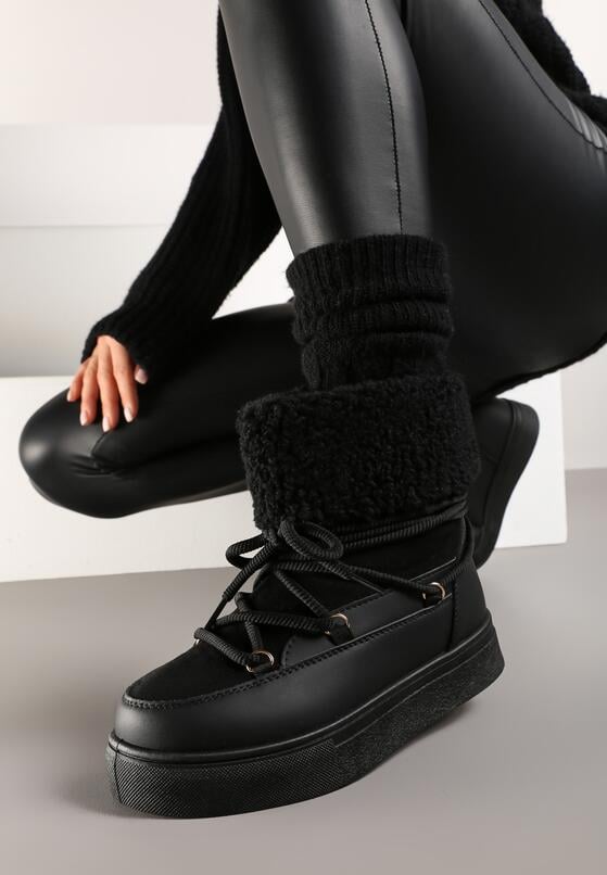 Czarne Śniegowce na Grubej Podeszwie ze Sznurowaniem i Futerkiem Izantea 1