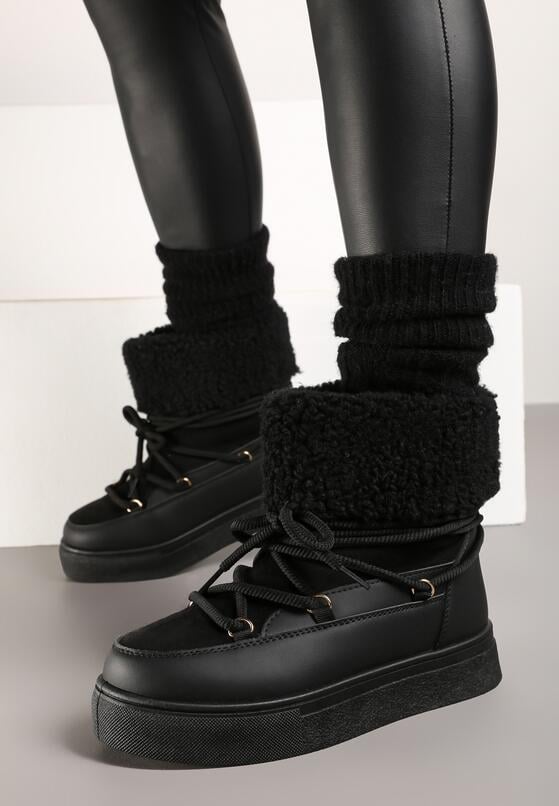 Czarne Śniegowce na Grubej Podeszwie ze Sznurowaniem i Futerkiem Izantea 3
