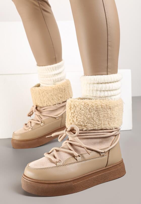 Ciemnobeżowe Śniegowce na Grubej Podeszwie ze Sznurowaniem i Futerkiem Izantea 3