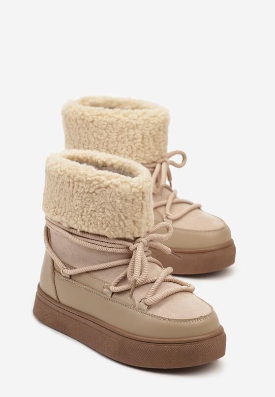 Ciemnobeżowe Śniegowce na Grubej Podeszwie ze Sznurowaniem i Futerkiem Izantea 5