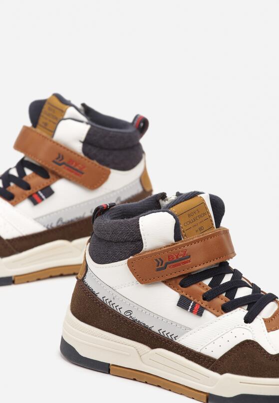 Biało-Brązowe Płaskie Botki Sneakersy ze Sznurowaniem i Napisami Izalia 3