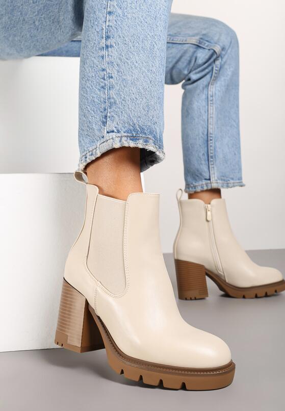 Beżowe Botki na Obcasie w Stylu Sztybletów z Gumką Realine 1