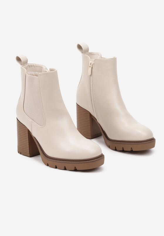 Beżowe Botki na Obcasie w Stylu Sztybletów z Gumką Realine 5