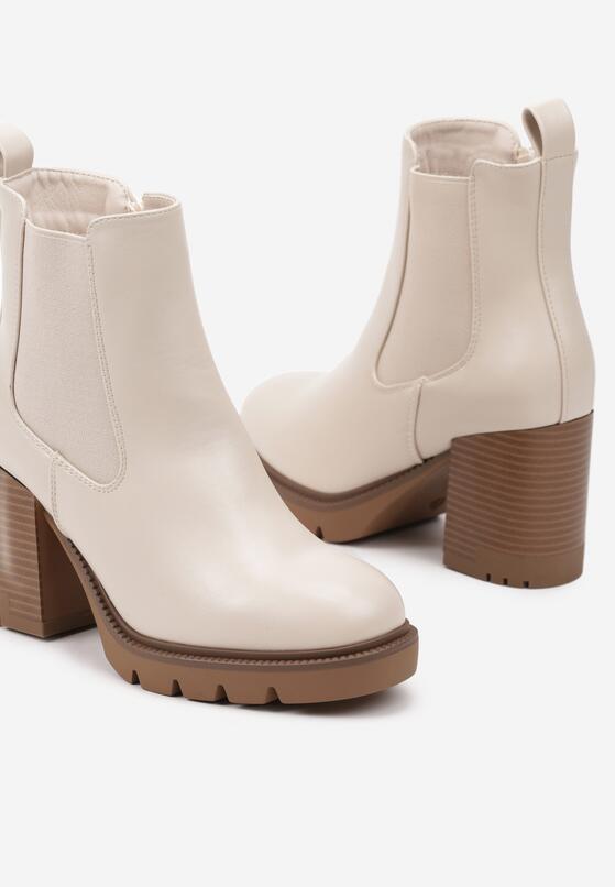 Beżowe Botki na Obcasie w Stylu Sztybletów z Gumką Realine 6
