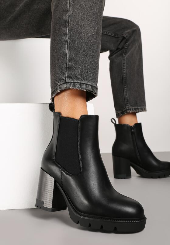 Czarne Botki na Obcasie w Stylu Sztybletów z Gumką Realine 2