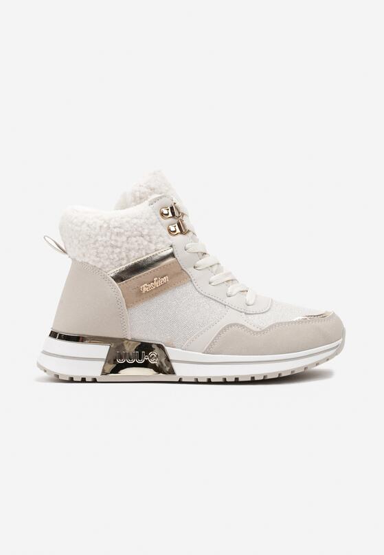 Beżowe Sneakersy z Futrem Metaliczną Wstawką i Brokatowym Połyskiem Saliwenna 4