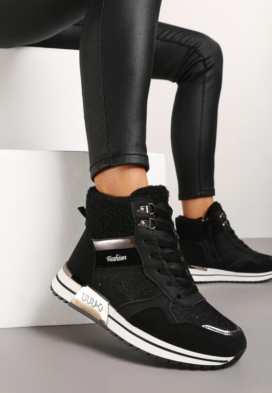 Czarne Sneakersy z Futrem Metaliczną Wstawką i Brokatowym Połyskiem Saliwenna 2