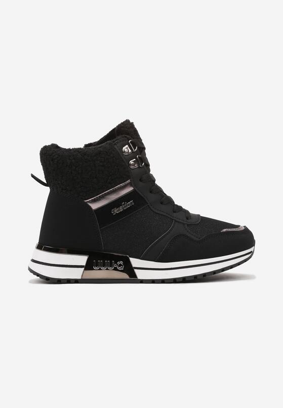 Czarne Sneakersy z Futrem Metaliczną Wstawką i Brokatowym Połyskiem Saliwenna 4