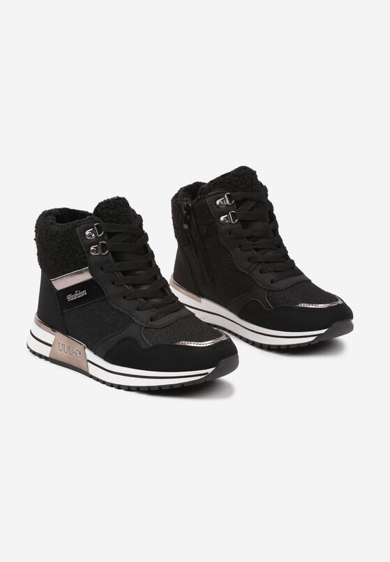 Czarne Sneakersy z Futrem Metaliczną Wstawką i Brokatowym Połyskiem Saliwenna 5