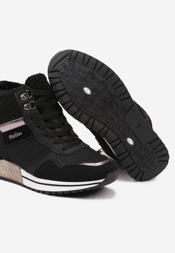 Czarne Sneakersy z Futrem Metaliczną Wstawką i Brokatowym Połyskiem Saliwenna 6