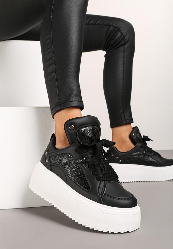 Czarne Sneakersy na Grubej Podeszwie z Podwójnym Sznurowaniem Weriella 2