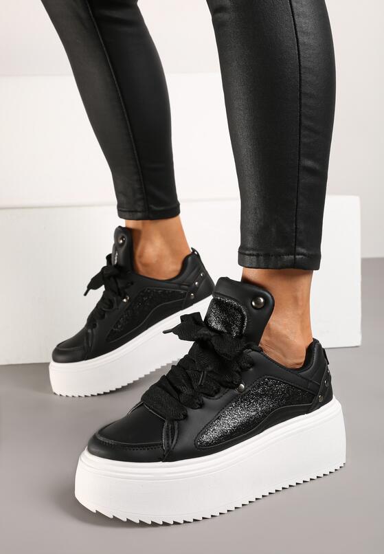 Czarne Sneakersy na Grubej Podeszwie z Podwójnym Sznurowaniem Weriella 1