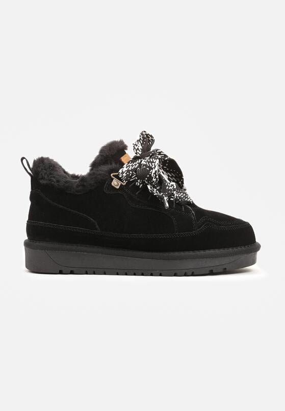 Czarne Śniegowce Sneakersy Skórzane z Futerkiem i Ozdobnym Sznurowaniem Venerith 4