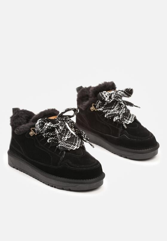 Czarne Śniegowce Sneakersy Skórzane z Futerkiem i Ozdobnym Sznurowaniem Venerith 5