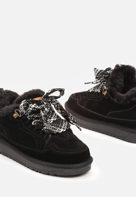 Czarne Śniegowce Sneakersy Skórzane z Futerkiem i Ozdobnym Sznurowaniem Venerith 6