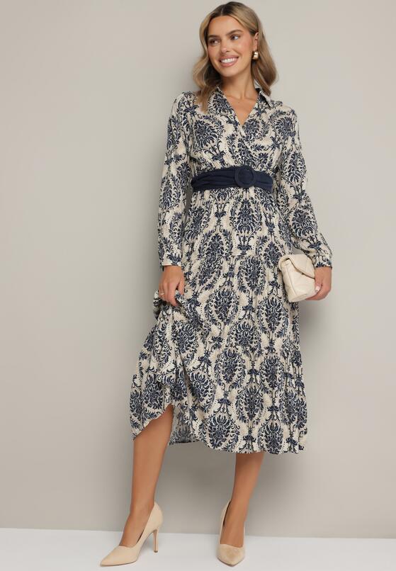 Granatowo-Beżowa Wiskozowa Kopertowa Sukienka w Stylu Boho z Materiałowym Paskiem z Klamrą Rinovia 2