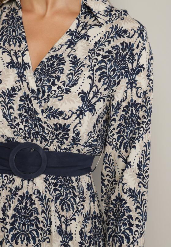 Granatowo-Beżowa Wiskozowa Kopertowa Sukienka w Stylu Boho z Materiałowym Paskiem z Klamrą Rinovia 5