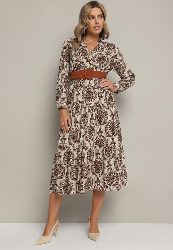Brązowa Wiskozowa Kopertowa Sukienka w Stylu Boho z Materiałowym Paskiem z Klamrą Rinovia 4