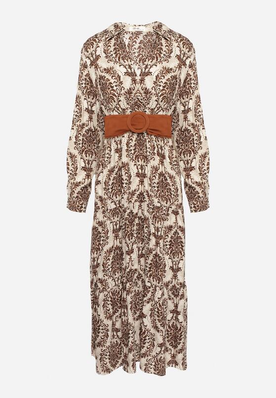 Brązowa Wiskozowa Kopertowa Sukienka w Stylu Boho z Materiałowym Paskiem z Klamrą Rinovia 6