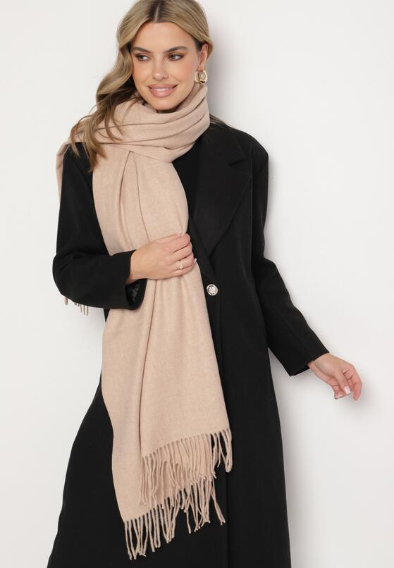 Beżowy Szalik z Bawełną i Wiskozą Ozdobiony Frędzlami Siadortia 2