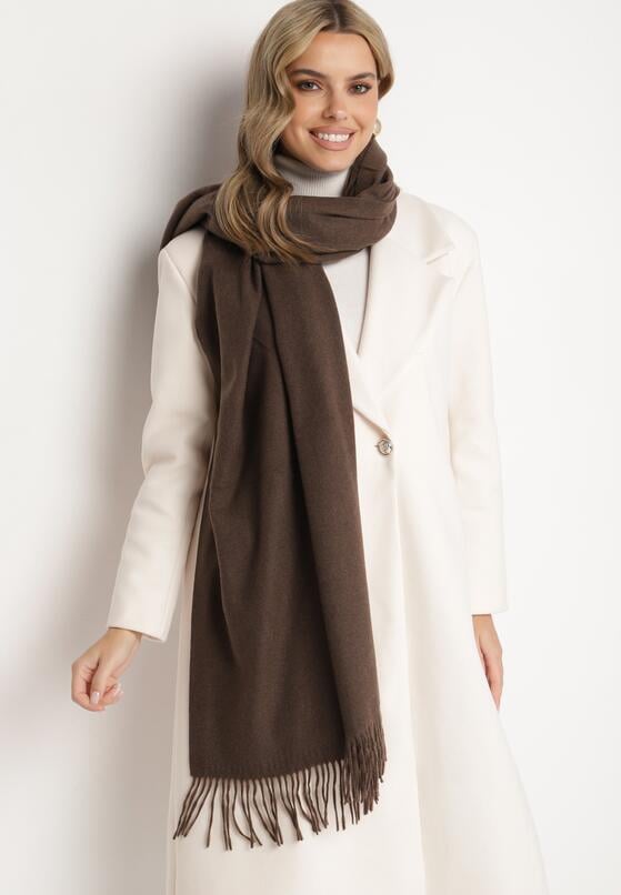 Ciemnobrązowy Szalik z Bawełną i Wiskozą Ozdobiony Frędzlami Siadortia 1