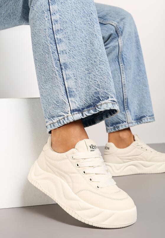 Beżowe Sznurowane Sneakersy na Grubej Podeszwie z Tłoczeniem Valtirra 1