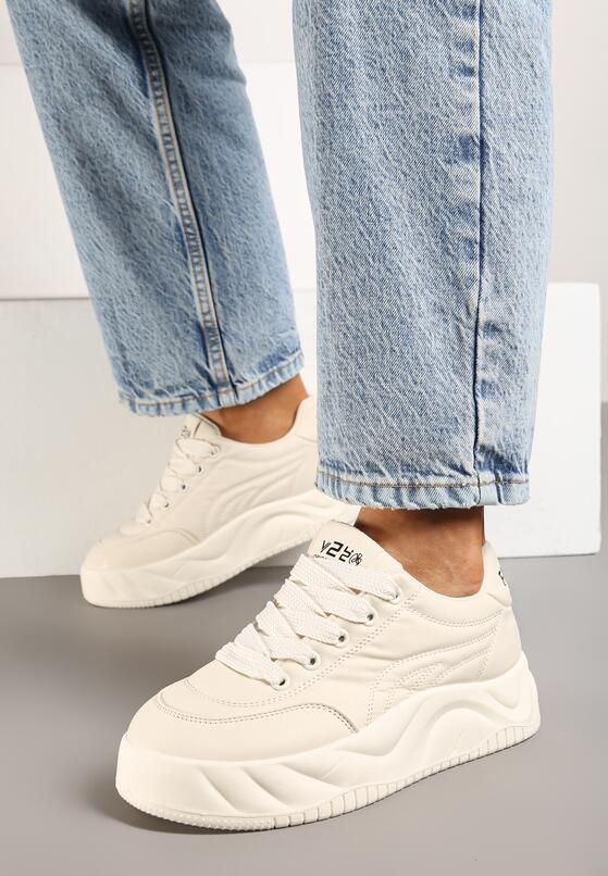 Beżowe Sznurowane Sneakersy na Grubej Podeszwie z Tłoczeniem Valtirra 3