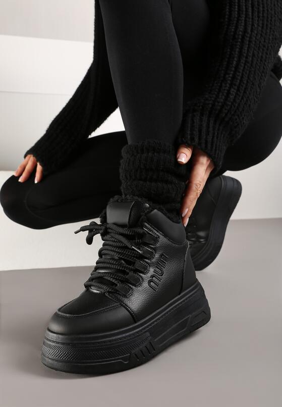 Czarne Sneakersy na Platformie Ocieplane Futrem Leanelitia 3