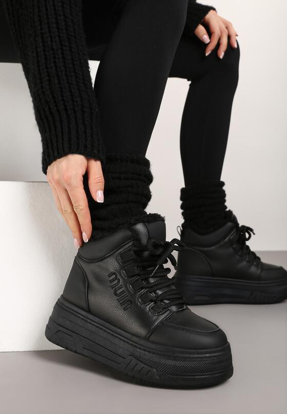Czarne Sneakersy na Platformie Ocieplane Futrem Leanelitia 2