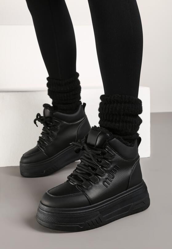 Czarne Sneakersy na Platformie Ocieplane Futrem Leanelitia 1