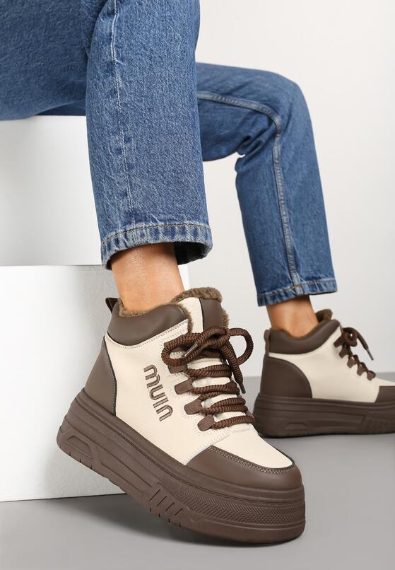 Beżowo-Brązowe Sneakersy na Platformie Ocieplane Futrem Leanelitia 2