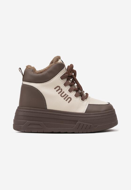 Beżowo-Brązowe Sneakersy na Platformie Ocieplane Futrem Leanelitia 4