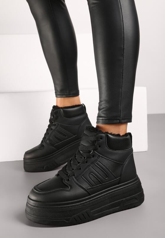 Czarne Sneakersy na Grubej Podeszwie Ocieplane Futerkiem Leandria 4