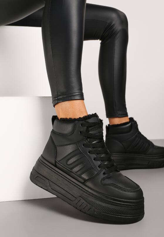 Czarne Sneakersy na Grubej Podeszwie Ocieplane Futerkiem Leandria 3