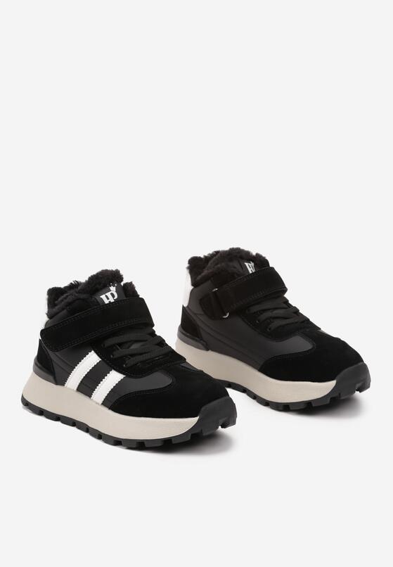 Czarne Płaskie Ocieplane Buty Sportowe Sneakersy Ozdobione Paskami i Gumkami Fezirina 2