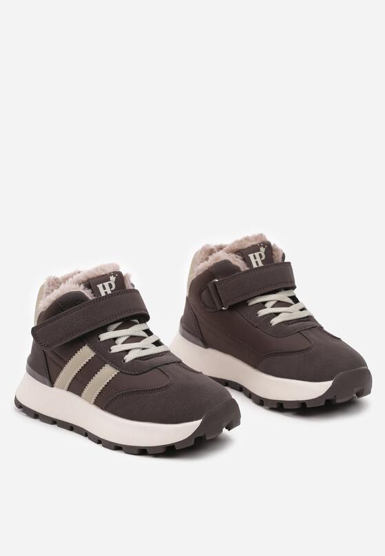Brązowe Płaskie Ocieplane Buty Sportowe Sneakersy Ozdobione Paskami i Gumkami Fezirina 2