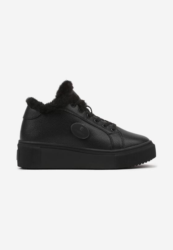 Czarne Ocieplane Sneakersy na Grubej Podeszwie Ozdobione Sznurowaniem i Aplikacją Ocezola 4