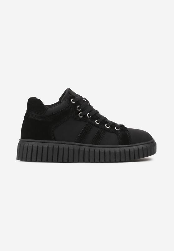Czarne Skórzane Sneakersy na Grubej Tłoczonej Podeszwie ze Sznurowaniem Gemiola 4