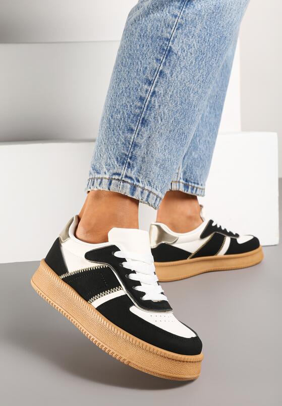 Czarno-Białe Płaskie Sneakersy z Perforacją i Ozdobnymi Przeszyciami Neaviria 2
