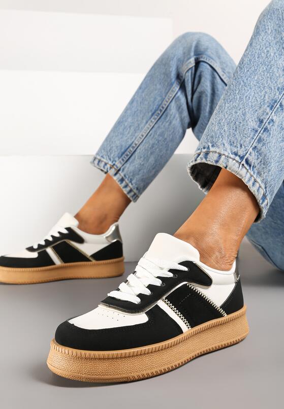 Czarno-Białe Płaskie Sneakersy z Perforacją i Ozdobnymi Przeszyciami Neaviria 1