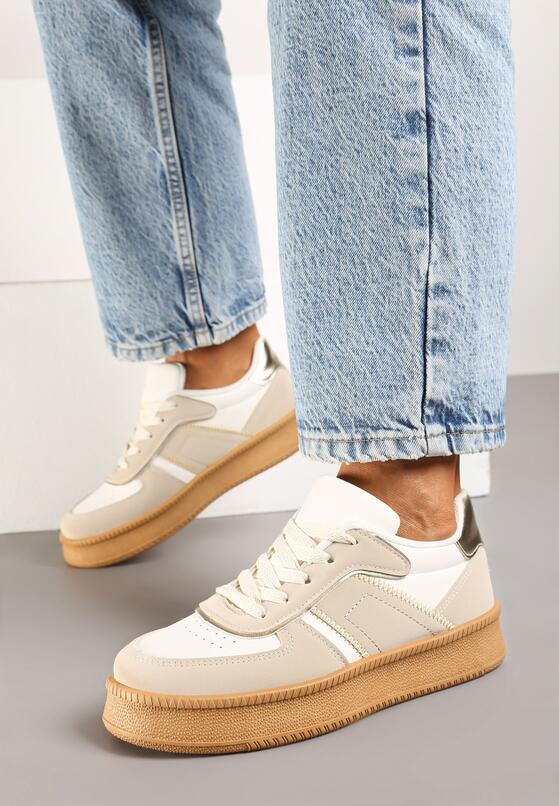 Beżowo-Białe Płaskie Sneakersy z Perforacją i Ozdobnymi Przeszyciami Neaviria 3