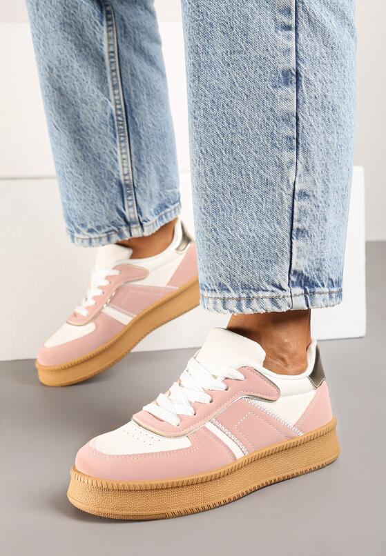 Różowo-Białe Płaskie Sneakersy z Perforacją i Ozdobnymi Przeszyciami Neaviria 3